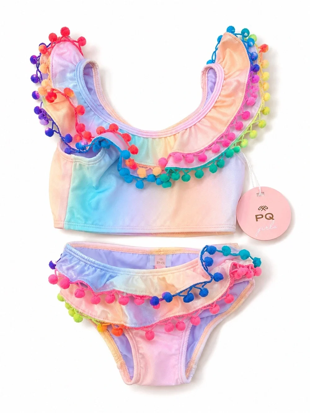 NWT PQ Girls Golden Hour Pom Pom Bikini Set Size 4 Rainbow Ruffle MSRP $78